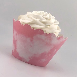 May include: A cupcake with white frosting in a pink and white cloud-patterned paper cup. The cupcake wrapper has a scalloped edge. The frosting is swirled into a rose shape.