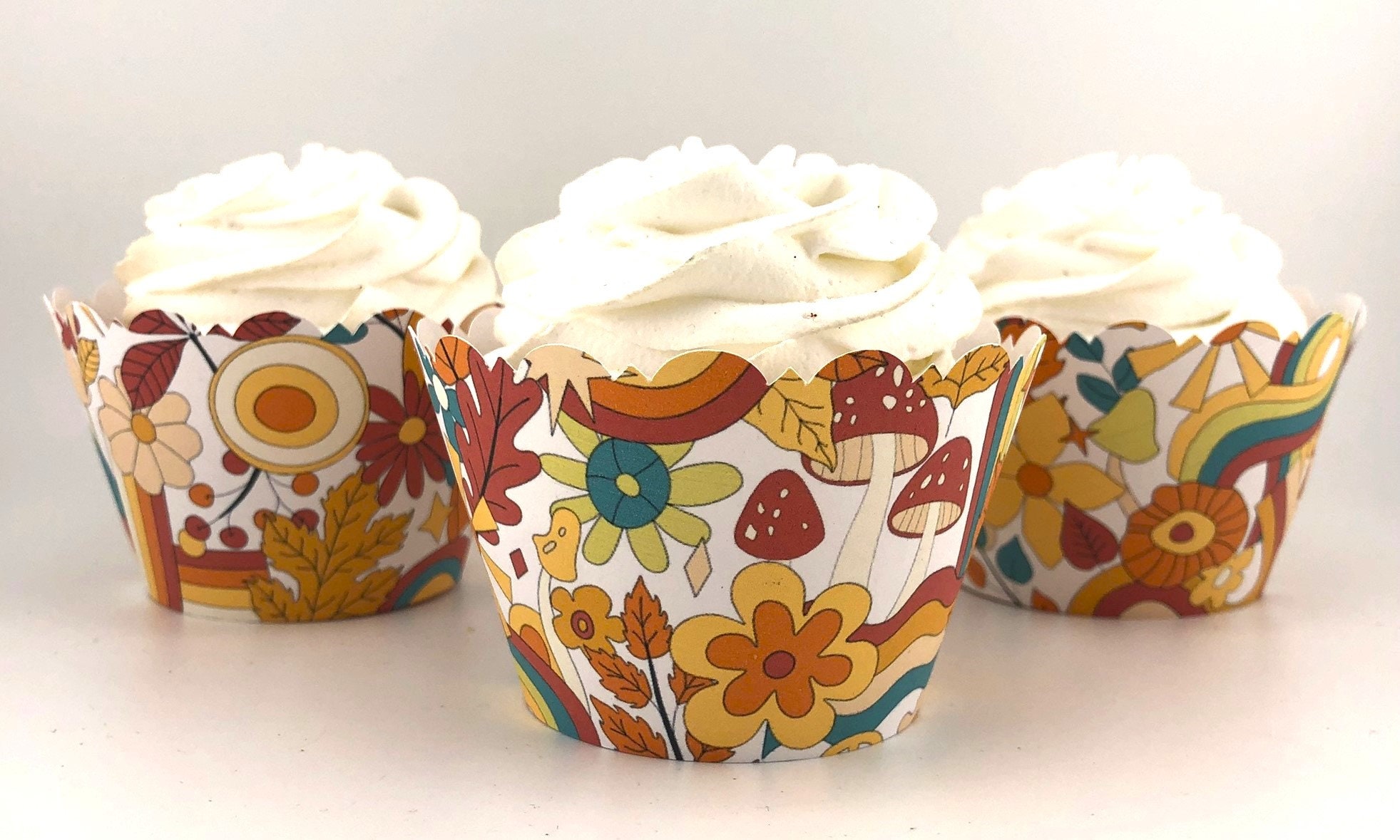 GROOVY 70S RETRO Cupcake Wrappers Scalloped Edge Smooth Finish TWO Groovy Hippie Bohemian