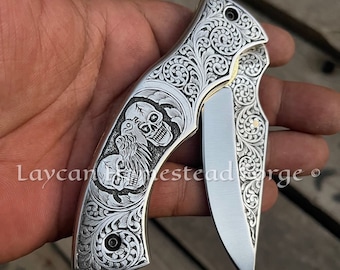 Engraved Folding Pocket Knife: Handmade D2 Steel Blade Gift For Husband Christmas Gift