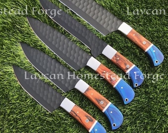 Handgjort svart pulverlackerat köksknivset: Smidd J2-stål, Pakka-trähandtag