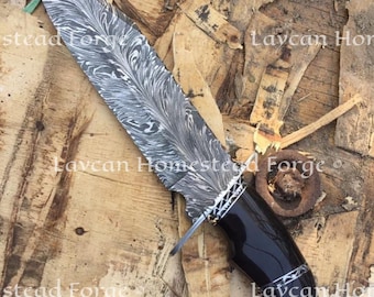 Handgjord Damaskusfjäder Bowie-kniv, Buffelhornshandtag