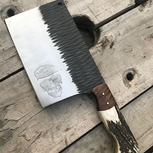 Handmade Forged Bone Chopper, Hammer Kitchen Butcher knife, D2 Steel Skull logo Cleaver, kitchen Chopper, Cleaver, Chef Cooking Tools