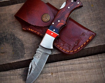 Handmade Damascus Folding Knife: Rosewood Handle, Leather Sheath Christmas Gift For Him Groomsman Gift