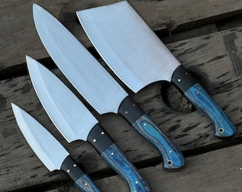 Personligt kockknivsset: Handgjorda J2-stålköksknivar, blå trähandtag, julklapp