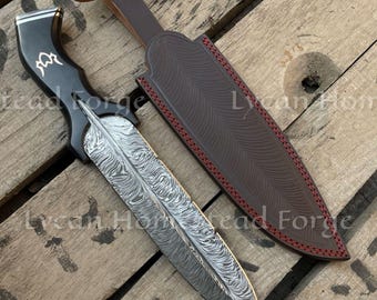 Handmade Damascus Feather Knife: Personalized Hunting Knife, Leather Sheath