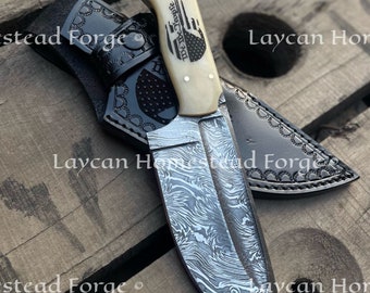 Handmade Damascus Steel Hunting Knife: Punisher Skull Camel Bone Handle