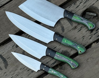 Personligt kockknivsset: Handgjorda köksknivar i J2-stål, gröna trähandtag, julklapp