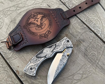 Handmade Viking Raven Folding Knife: Engraved D2 Steel Blade, Leather Wristband