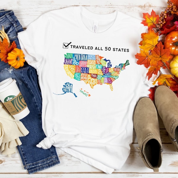 Colorful All 50 US States, Bucket List 50 States, US Map Shirt, States I've Visited, USA Travel Gift, Travel Bucket List, Unisex T-Shirt