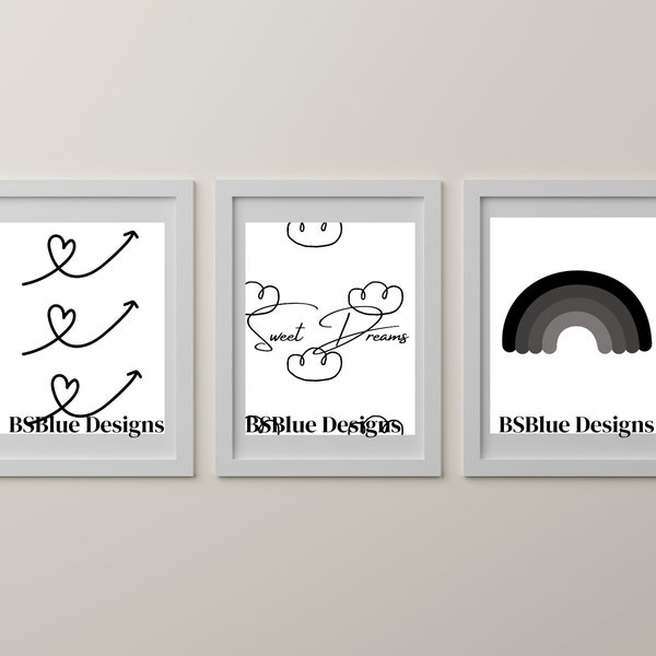 Sweet Dreams Sign in Black 8x10 | Pack of 3 Prints | Nursery Cloud Print | Rainbow Nursery | Heart Artwork | Under 10 dollars