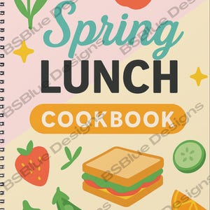Può includere: Una copertina di libro di cucina con il titolo "Spring Lunch Cookbook" in grassetto nero. La copertina presenta uno sfondo giallo con un panino, una fragola, un baccello di piselli, una fetta di cetriolo, una fetta d'arancia e una carota.