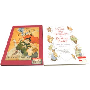 May include: Two vintage children's books. The Real Mother Goose by Blanche Fisher Wright features a red cover with illustrations. The Great Big Treasury of Beatrix Potter has a white cover with illustrations of animals and characters.