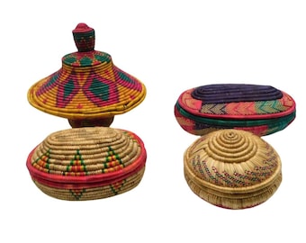 Lot of Vintage Ethiopian Handwoven Coiled Baskets Multi Colored Different Sizes