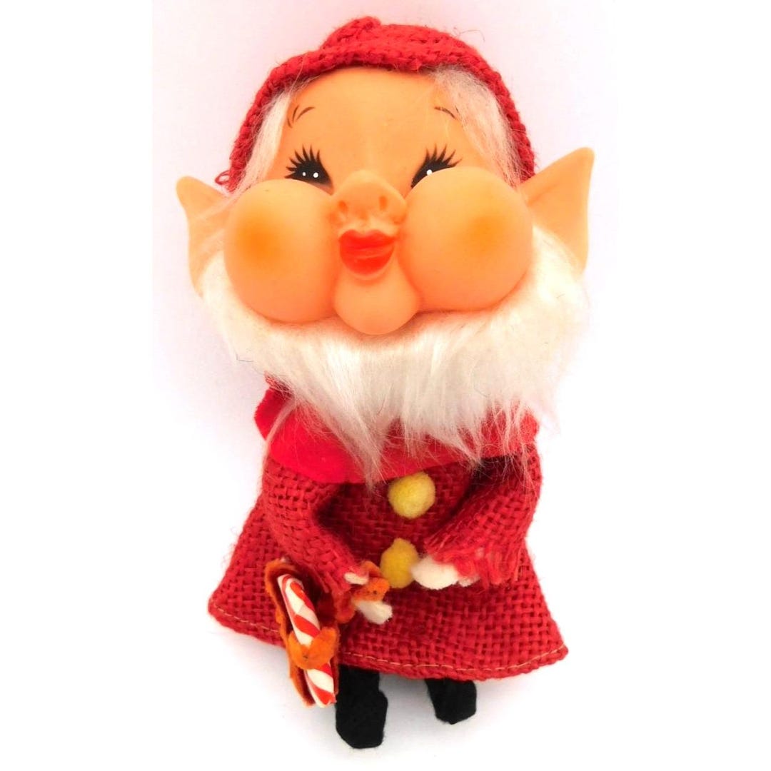 Vintage Christmas Elf Ornament Figure Puffy Cheeks Beard Red Outfit Hat ...