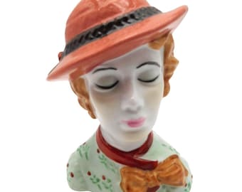 Ceramic Lady Head Vase Vintage 1930s Style Hat Eyes Closed Planter Pencil Cup