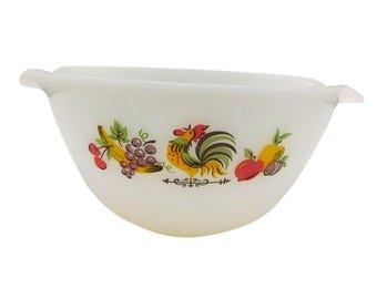 Anchor Hocking Fire-King Milk Glass Mixing Bowl Chanticleer Rooster 1950s 8"