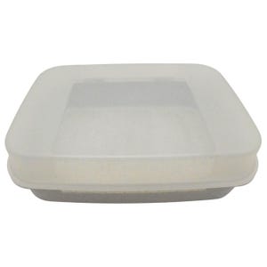 May include: A square, translucent plastic container with a matching lid. The container has rounded edges and a slightly textured surface. The lid fits snugly over the base, creating a sealed compartment. The container is designed for storage.