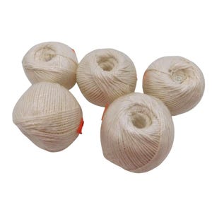 May include: Five off-white twine balls, each wrapped in clear plastic. The twine is tightly wound, and each ball has a small orange tag attached. The balls are arranged against a white background.