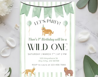 Wild One Birthday Invitation, Safari Birthday Invitation, Party Animals Birthday Invitation, Jungle 1st Birthday Invitation, Editable Canva
