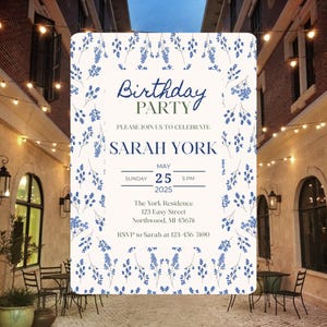 Blue Floral Birthday Party Invitation, Meadow Flowers, Woman&#39;s Birthday Invite, Cottage Floral, Editable Template, Nancy Coastal Grandmother
