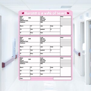 Puede incluir: Un gráfico médico rosa con el texto "Nursing is a work of heart". El gráfico incluye secciones para información del paciente, códigos médicos y notas. El diseño presenta un símbolo de corazón.