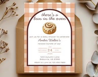 Szablon zaproszenia na baby shower „Bułka w piekarniku”, edytowalny chleb „Bułka cynamonowa w piekarniku”, pobierz zaproszenie na baby shower DIY