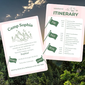 Camp Bachelorette Itinerary, Invitation & Schedule, Camp Bach, Bachelorette Party Itinerary, Last Veil Before the Trail, Itinerary Template