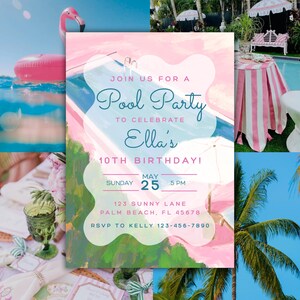 Editable Pool Party Invitation, Girl Pool Birthday Party, Pastel Invite, Summer Birthday Party, Swimming Party, Digital Printable Palm Beach