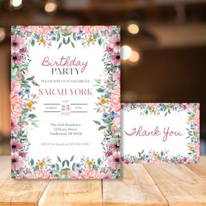 Blush Pink Digitized Birthday Party Invitation, Meadow Floral Woman&#39;s Birthday Invite, Flower Theme, Spring Cottage Floral Editable Template