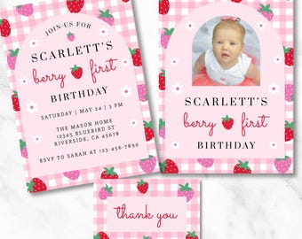 Strawberry First Birthday Invitation, Editable Template (Digital Download)