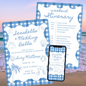 Seashells and Wedding Bells Bachelorette Weekend Itinerary Template, Beach Bachelorette Party Invitation, Coastal Last Toast Digital Invites