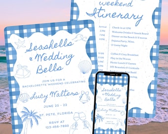 Seashells and Wedding Bells Bachelorette Weekend Itinerary Template, Beach Bachelorette Party Invitation, Coastal Last Toast Digital Invites