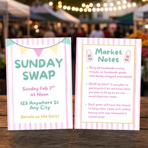 May include: Two cards with pink and white striped backgrounds. The left card reads "SUNDAY SWAP" with event details. The right card says "Market Notes" with instructions for participants. The cards are decorated with pastel colours.