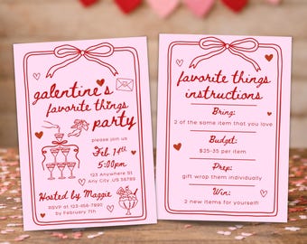 Favorite Things Galentine's Party Invitation Template, Valentine Gift Exchange Invite, Pink Whimsical hand drawn Girls Night February Party
