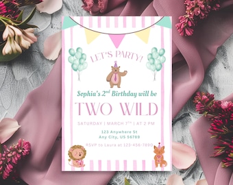Two Wild Second Birthday Invite, Born Two Be Wild, Safari 2nd Birthday Party, Jungle Animal for Girls, Two Party Animals Invite, Girl Pink