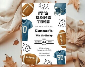 Football Birthday Party Invitation, Printable American Football Birthday Invite, Editable Sports Invitation Template, Its Game Time Blue
