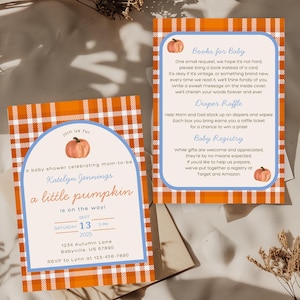 Invitación de calabaza para baby shower, dulce calabacita, una pequeña calabaza está en camino, invitación de baby shower de niño azul, descarga instantánea editable