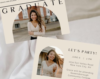 Minimalist Graduation Announcement, Modern Announcement Card, Custom Photo Graduation Invite, Graduation Party Template, 2 Sided Double Back