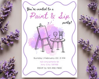 Sip and Paint Party Digital Invitation, Editable Paint & Sip Galentine's Invite, Wine and Paint Birthday Invites, Mobile Sip and Paint Party