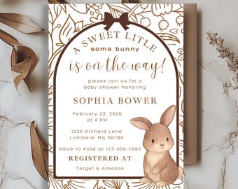 Gender Neutral Some Bunny is On The Way Invitation, Brown Beige Baby Shower Editable Invite, Spring Floral Template