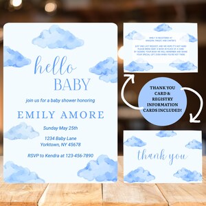 Cloud Editable Baby Shower Invitation, Hello Baby, Blue Clouds, Printable, Customized Invite, Cloud Nine, Minimal, Instant Digital Download