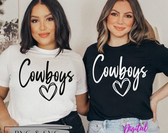 May include: Two women wearing t-shirts with the text "Cowboys" and a heart design. The woman on the left is wearing a white t-shirt with black text and a white heart. The woman on the right is wearing a black t-shirt with white text and a black heart.  PNG & SVG files.
