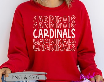 May include: Red sweatshirt with white text that reads "CARDINALS" repeated five times in a stacked, retro design.