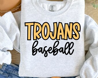 May include: A gray sweatshirt with the words "TROJANS baseball" printed in black and yellow lettering.
