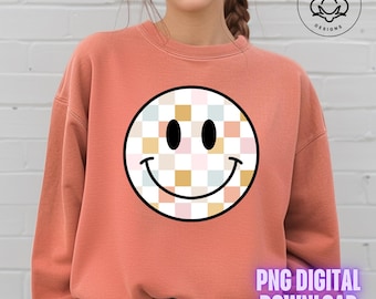 Checkered Smile Face PNG | Pastel Smile Face PNG | Retro Smile Face PNG | Boho Smile Face | Checkerboard Smile Face
