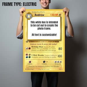 May include: A customizable Pokemon-themed birthday card for a 6-year-old. The card features a Pikachu-inspired character with the name "Andrew" and the text "Andrew turns 6 years old today!" The card is designed to be cut out to create a photo frame.
