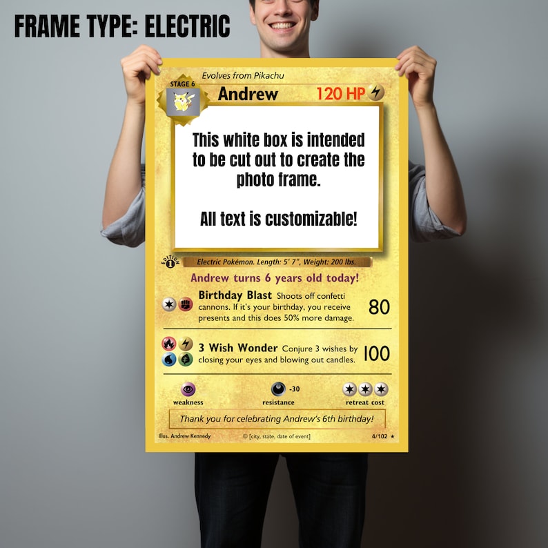 May include: A customizable Pokemon-themed birthday card for a 6-year-old. The card features a Pikachu-inspired character with the name "Andrew" and the text "Andrew turns 6 years old today!" The card is designed to be cut out to create a photo frame.