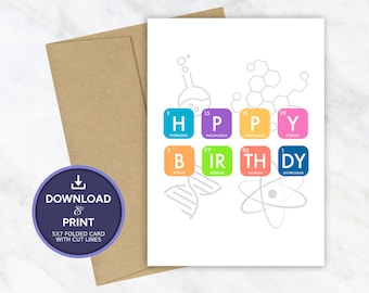 May include: A printable 5x7 folded card with cut lines. The card features a science-themed birthday greeting with the word "HAPPY BIRTHDAY" spelled out using chemical element symbols. The elements are color-coded and arranged in a grid with a beaker, DNA strand, and atom symbol.