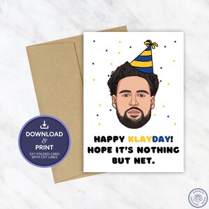 Cartão de aniversário de Klay Thompson de <br> Entrega Rápida? Cartão de aniversário imprimível | Cartão de aniversário dos guerreiros do NBA Golden State de <br> Entrega Rápida? Download digital instantâneo 5x7