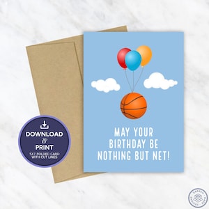 Cartão de aniversário de basquete Nada além de rede, cartão de aniversário digital para impressão, cartão de aniversário esportivo engraçado, download instantâneo JPG PDF 5x7